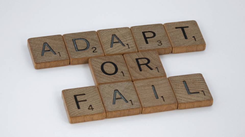 Piezas de madera con letras formando la oración "adapt or fail"