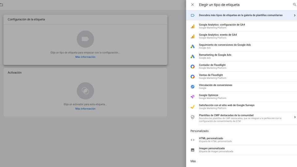 Captura de pantalla de Google Tag Manager, mostrando las distintas etiquetas disponibles en la herramienta